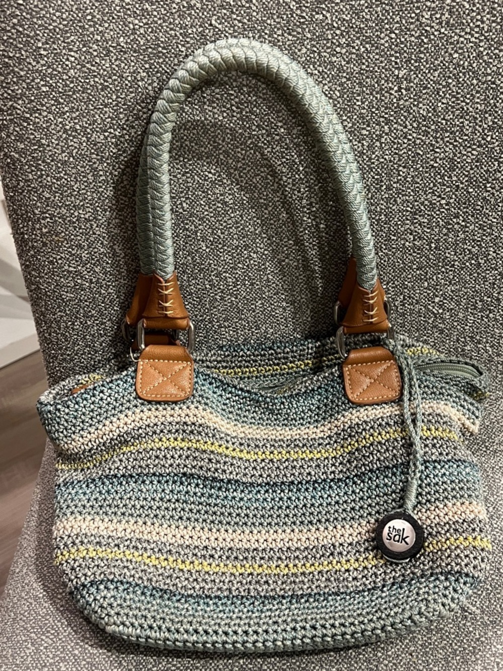 The Sak Cambria Crochet Shoulder Bag in Sage, Cream & Yellow Stripes